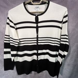 Liz Baker Woman Black & White Stripe  Cardigan Sweater 2X Country Club 90s Prep